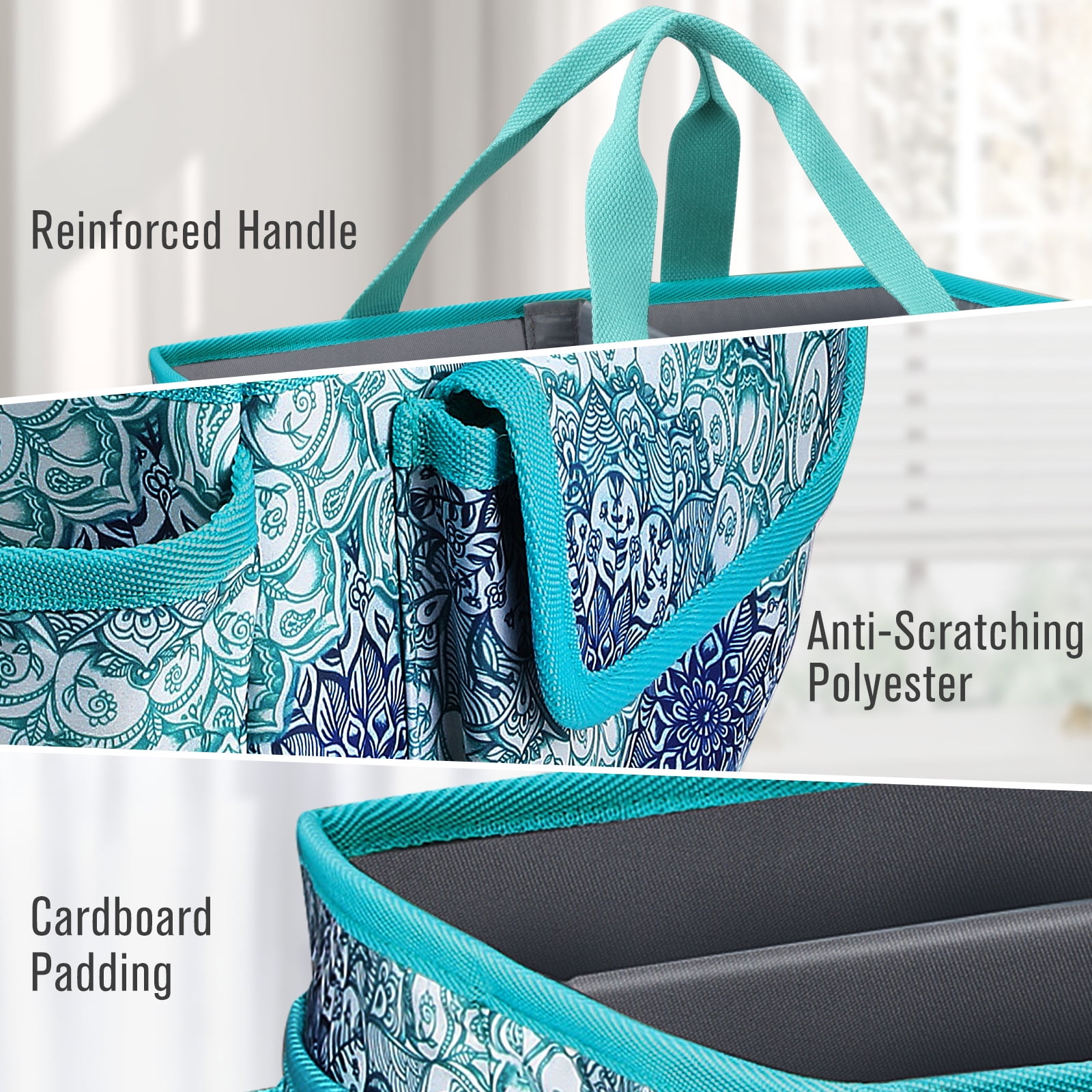 FINPAC Large Craft Storage Tote Bag with Multiple Pockets, Scrapbooking Carrying Case Storage Caddy with Handle for Sewing, Art, Desktop, Baby Care Supplies, Emerald Illusions