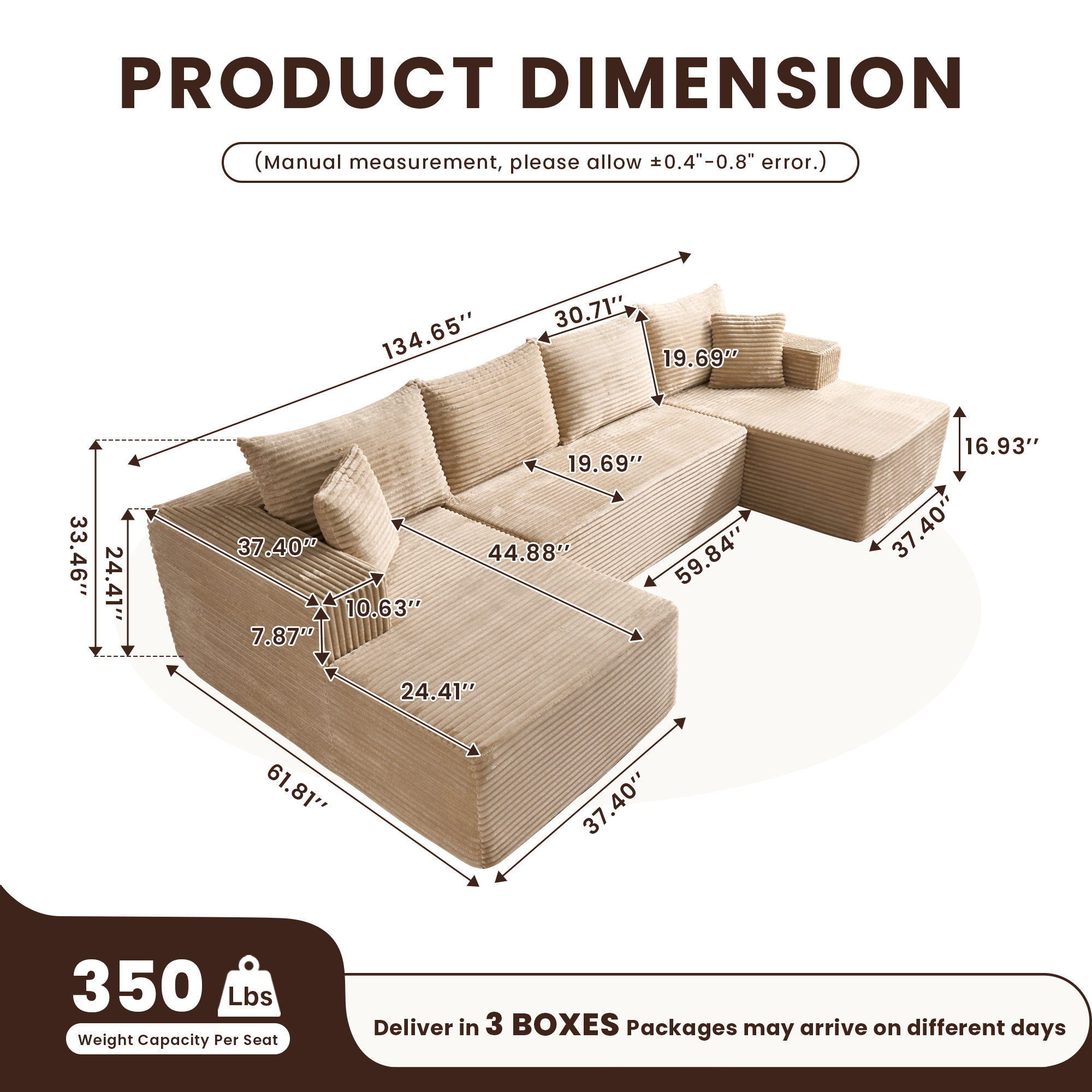 Toject 135" Modular Sectional Sofa, Cloud Modern Sleeper Couch with Chaise Lounge, No Assembly Required, U-shaped Plush Corduroy Sofa Couch for Living Room, Beige