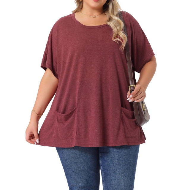 Blusa casual de mujer de talla grande Agnes Orinda, con cuello redondo, manga corta, en color burdeos, con bolsillos, talla 1X