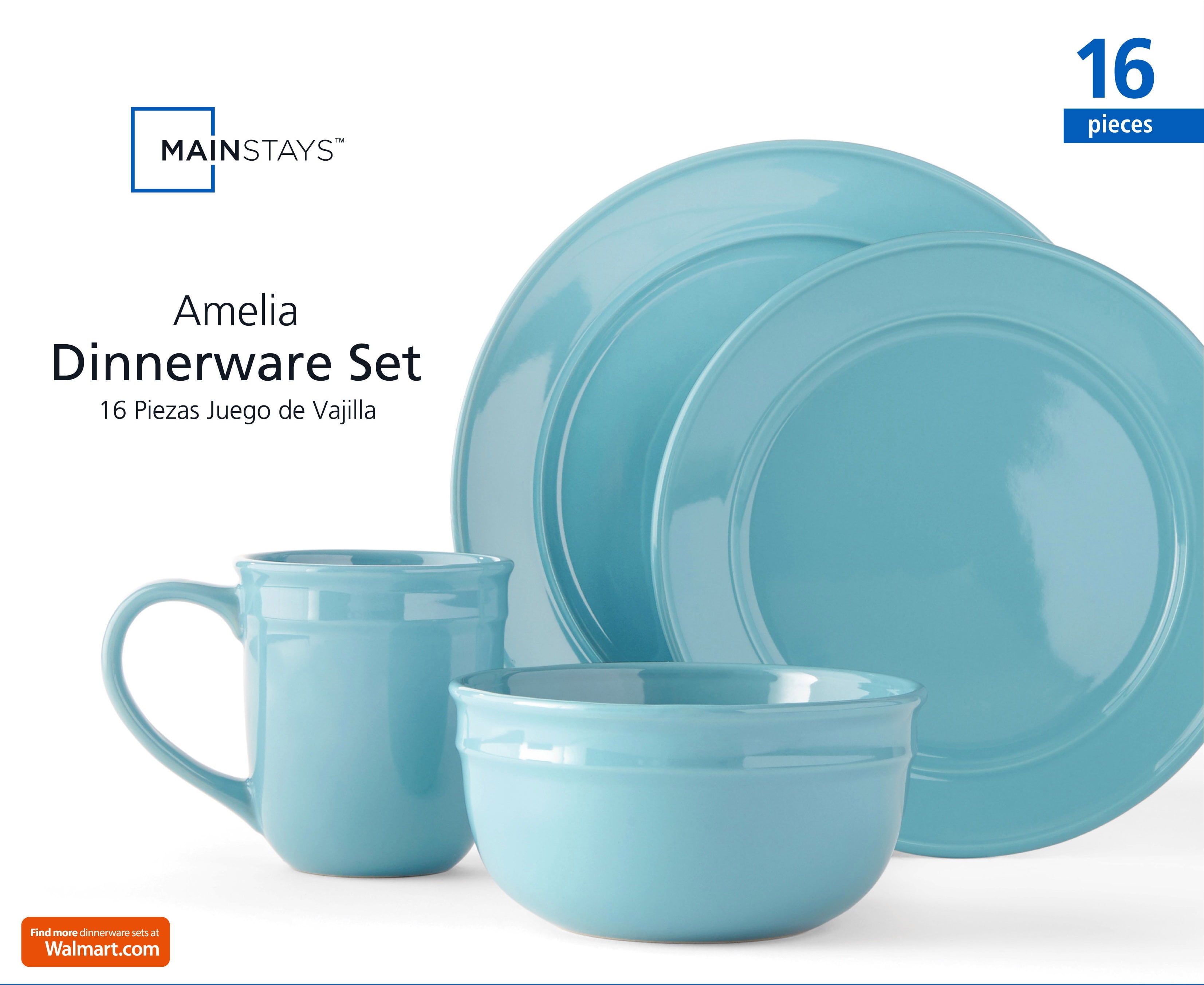 Kitchen Dining Set 16-Piece Dinnerware Plates Bowls Dishes Cup Round Turquoise