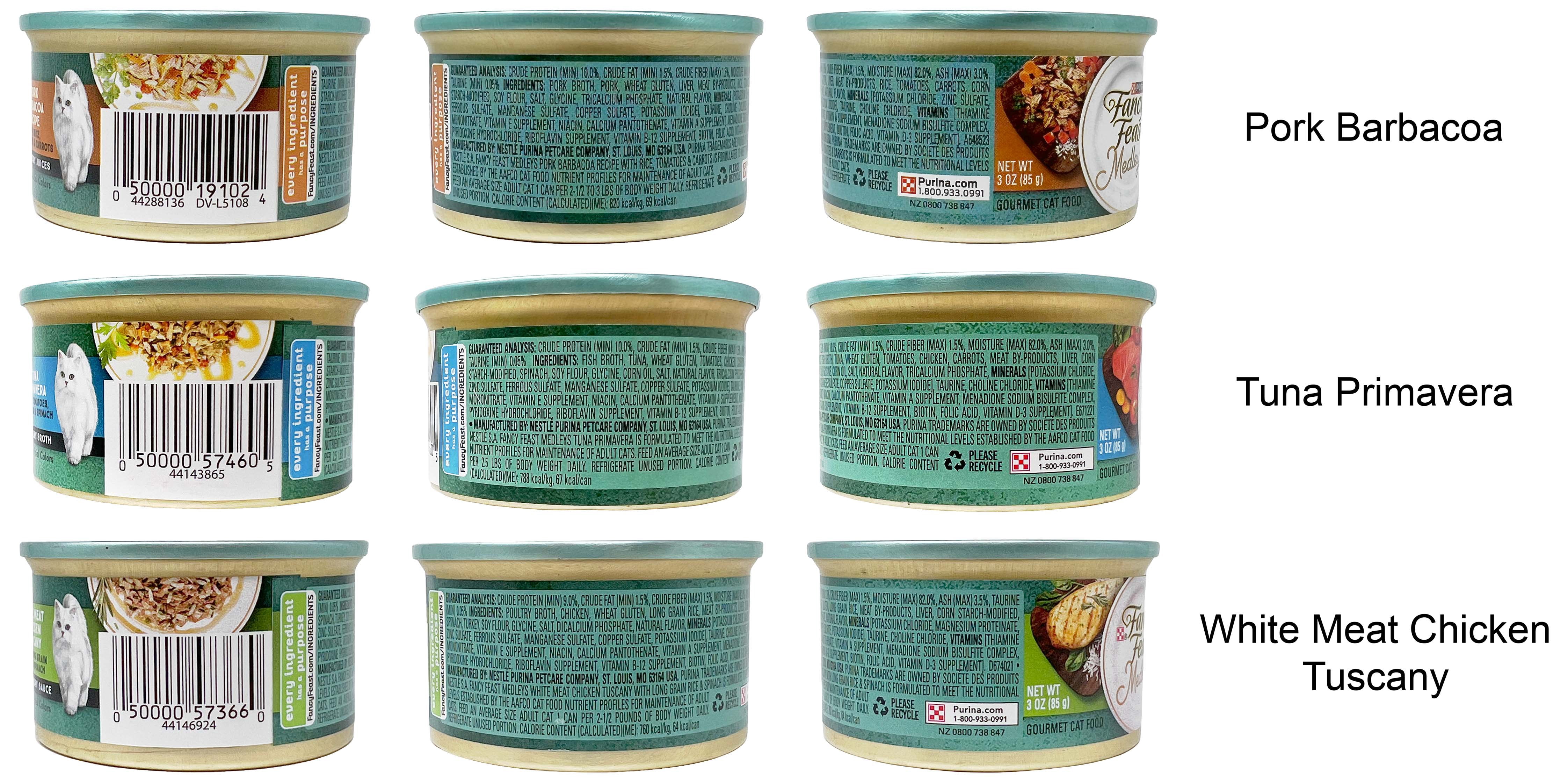 Fancy Feast Medleys Cat Food - 3 Flavors; 2 Each:  White Meat Chicken Tuscany, Tuna Primavera, Pork Barbacoa | MerlinsMart Zine & Catnip Toy