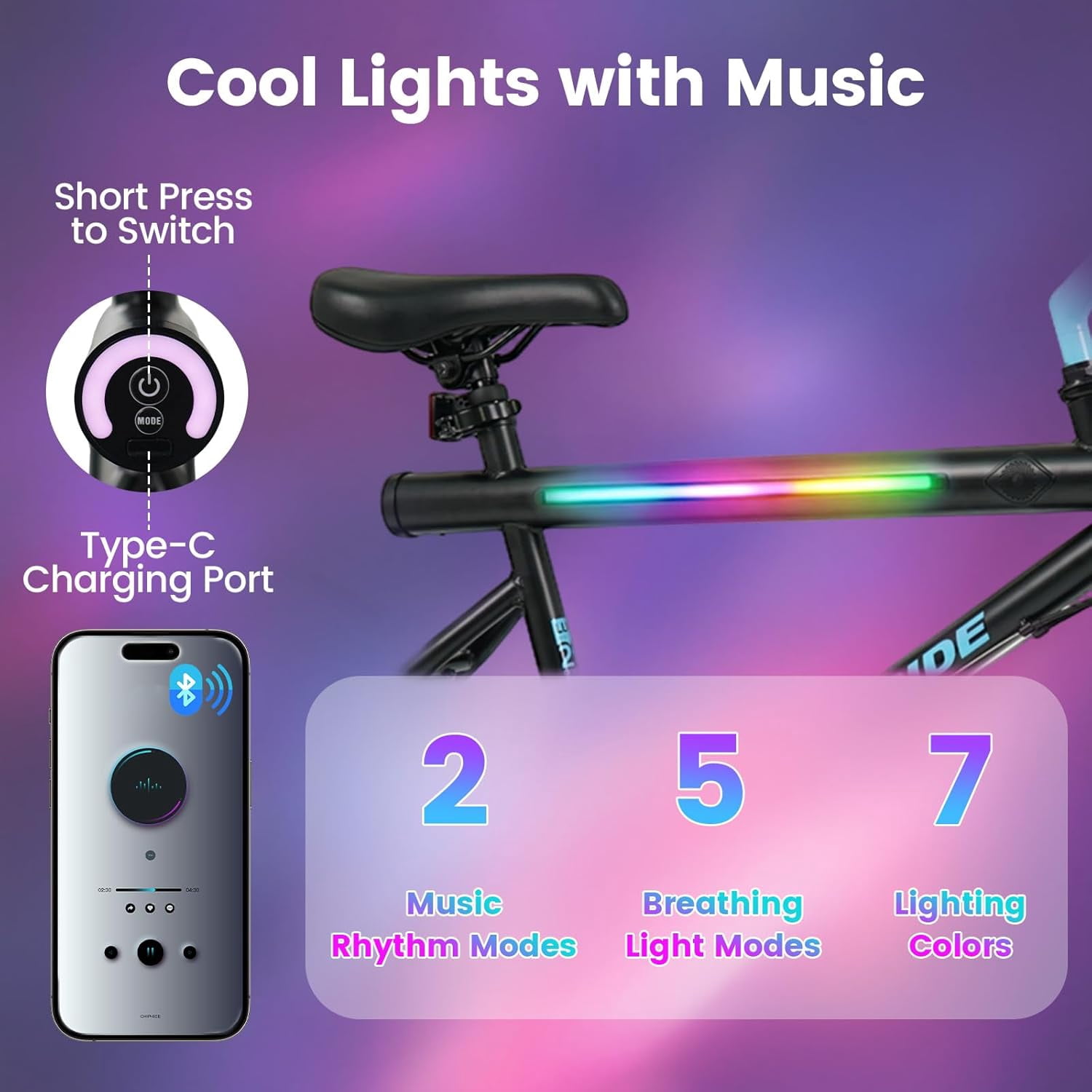 OLAKIDS Mountain Bike, 20 Inch Bicycle with 7 Lighting Modes Bluetooth Music 6 Speed Drivetrain