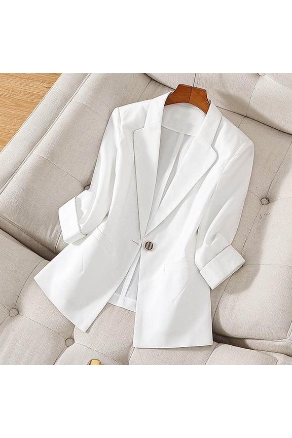 Women's 3/4 Sleeve Blazers, One-Button Lightweight Slim Fit Jackets with Rolled Cuffs Padded Shoulder for Business Casual