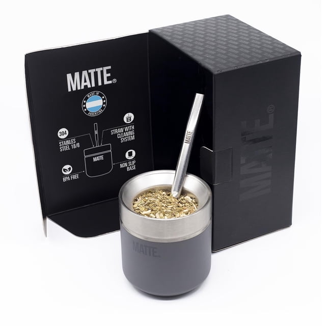 Yerba Mate - Juego de calabaza y foco mate de 6.5 onzas, incluye caja DS Pro, kit de juego de yerba mate sin BPA con pajita mate, diseño elegante, base antideslizante (gris)
