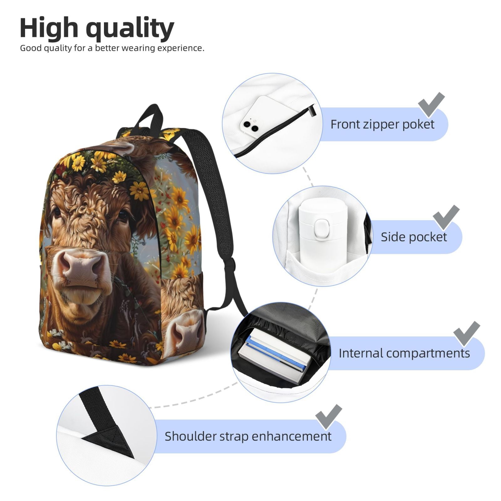 Vsdgher Cute Cow Sunflower Crown A Print Canvas Backpack Travel Rucksack Unisex Knapsack 15.7/17.7Inch Laptop Backpack for Work,College -Medium