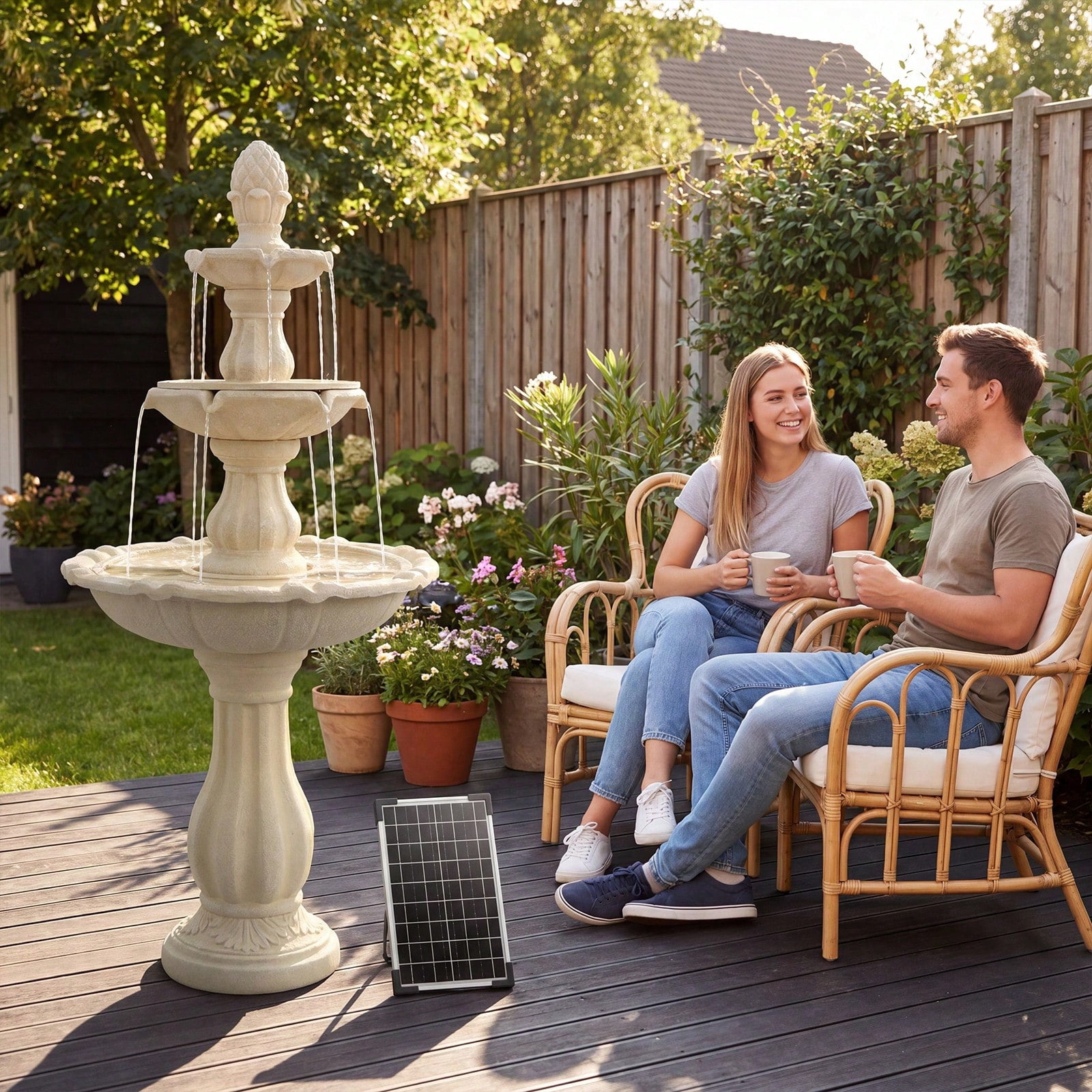 50.5 Inch 3-Tier Solar Outdoor Water Fountain, Pineapple Top Pedestal Waterfall with Warm LED Lights, Weather UV Resistant Resin, Low Noise Energy Saving, for for Yard Patio Home Decor