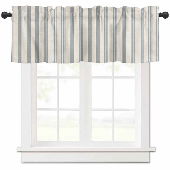 Hokiten Rod Pocket Curtain Valance, Blue Stripes Farmhouse Window Valance for Living Room, Bedroom, Kitchen Modern Minimalist Striped Farmhouse Beige 60"W x 18"L