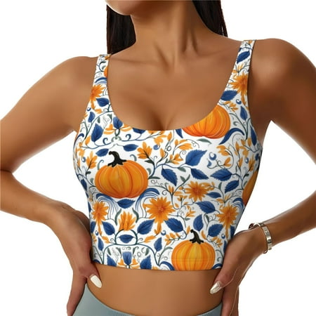 Adobk Blue Orange Pumpkin fall Print Sports Bras for Women Longline Workout Crop Tank Tops Padded with Built in Shelf Padded Sports Bra-X-Large