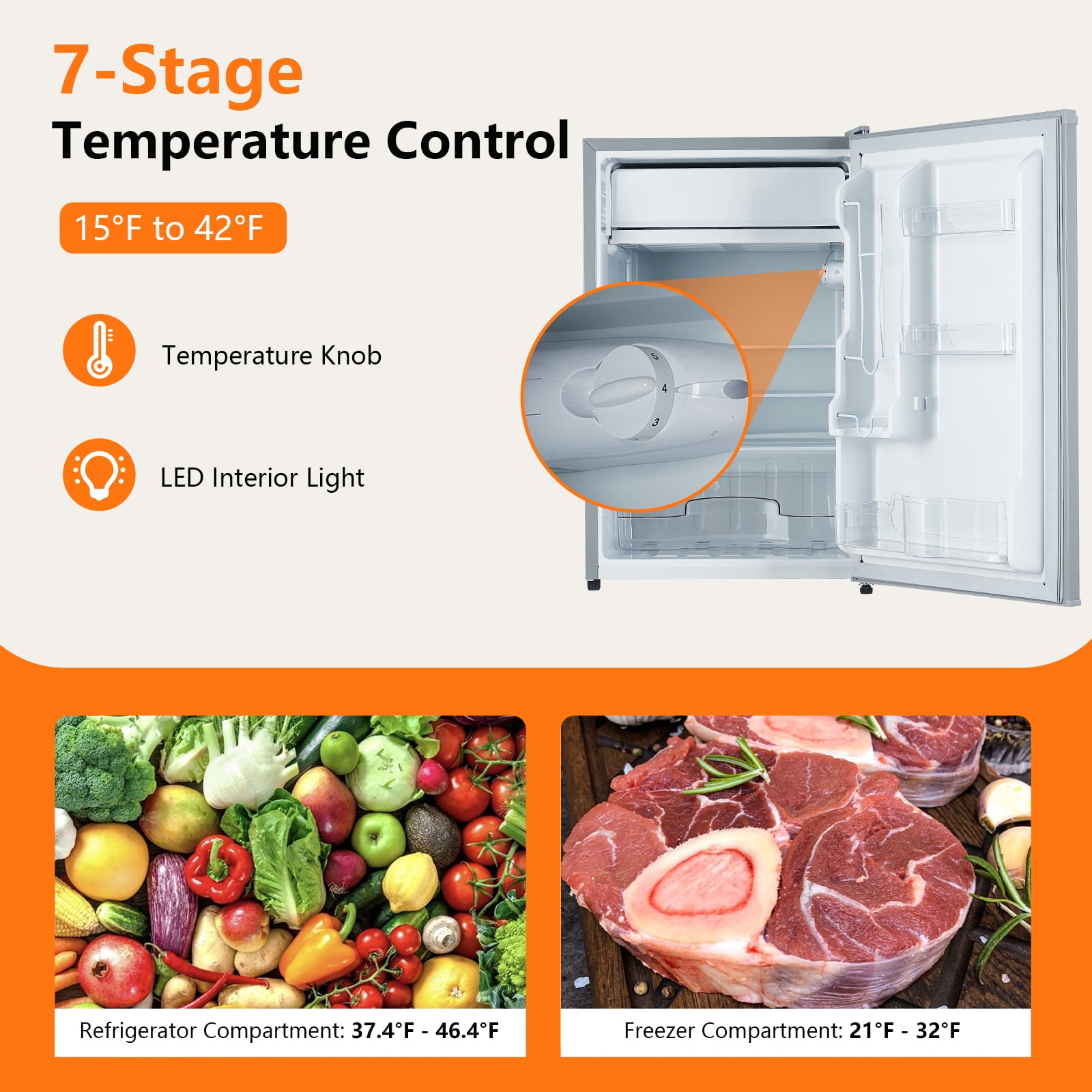 Refrigerator 122LPortable Compact Fridge, 4.3 Cu.Ft. Single Door Mini Refrigerator with Refrigeration and Preservation, 2 Slide Out Glass Shelves, 115V Personal Cooler for Car Home Office Dorm Bedroom