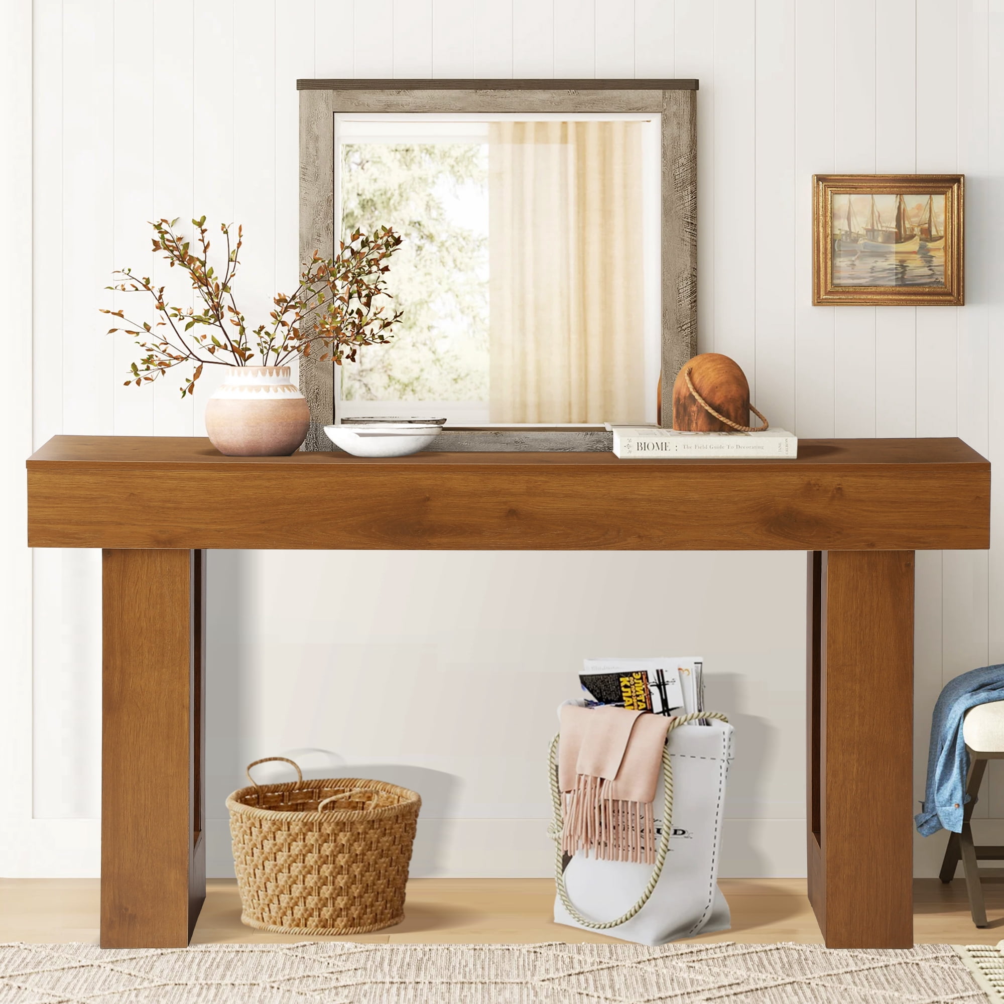 Magic Union 63" Long Console Table for Entryway, Wood Rectangular Sofa Table Behind Couch with 2-tier Open Storage and Weighted Base, Foyer Accent Tables for Entryway, Hallway, Living Room