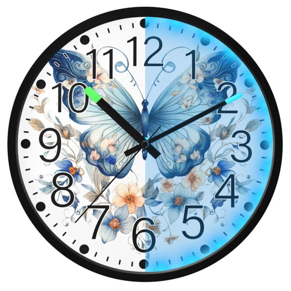 Ryvnso Flowers on Butterfly 12 Inch Night Light Wall Clock Silent Battery Operated Luminous Clocks
