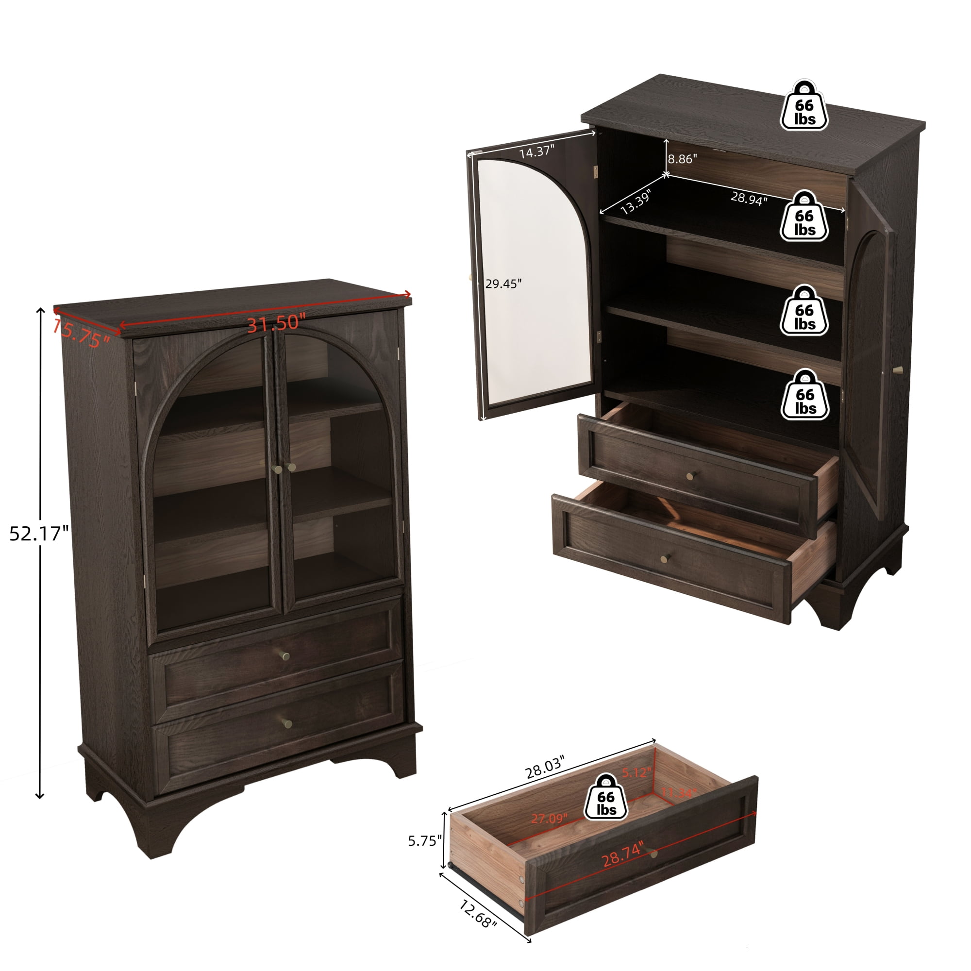 52.17"H Storage Cabinet with 2 Drawers and Adjustable Shelf,Modern Glass Door Curio Cabinet for Living Room,Bedroom,Kitchen,Office,Brown