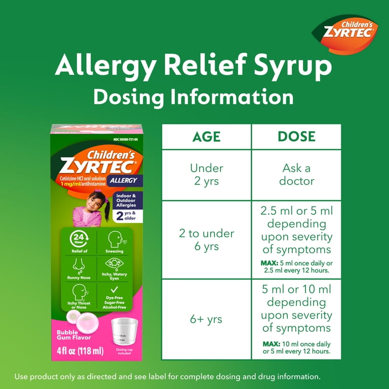 Children's Zyrtec 24 Hour Allergy Relief Syrup, Bubble Gum, 4 fl. oz