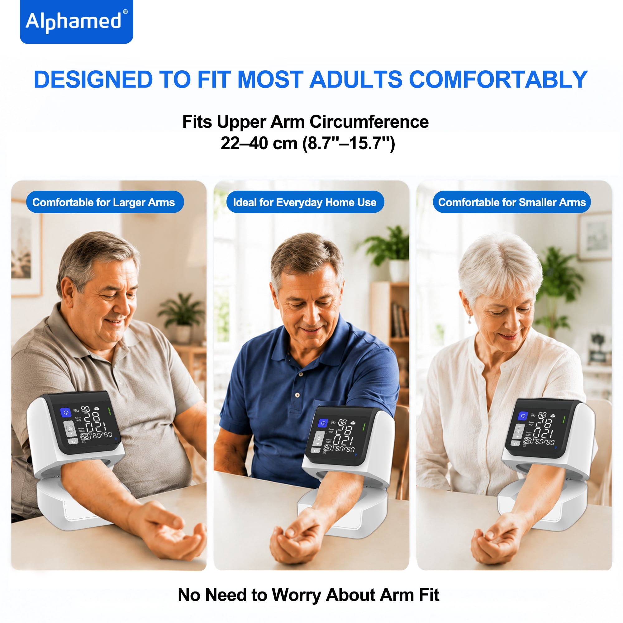 Alphamed Upper Arm Blood Pressure Monitor, Automatic Digital BP Machine, No Arm Wrap Design, Large LED Display, One-Button Use for Home & Seniors