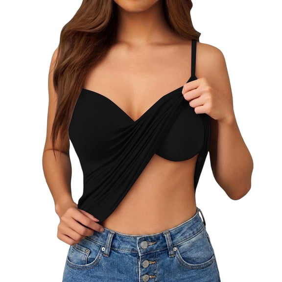 Nfurl Built in Bra Tank Tops for Women Fitted V Neck Molded Cup Cami Tank Tops Fitted Comfy Sleeveless Shirts Casual Going Out Black,L