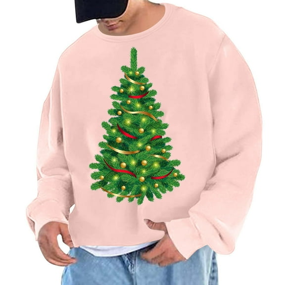 EchfiProm Mens Pink Sweatshirts Christmas Tree Sports Graphic Crewneck Vintage Xmas Shirts for Men 2XL