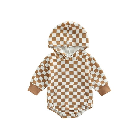 

Binpure Baby Boy Hooded Long Sleeve Romper with Checkerboard Print Color Matching Spring Clothing