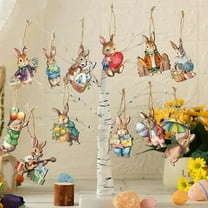 12 Pieces Vintage Style Easter Wooden Hanging Ornaments, 2D Flat Design Tree Hanging Ornaments With Ropes, Easter Decorations Suitable For Indoor, Classroom, And Party