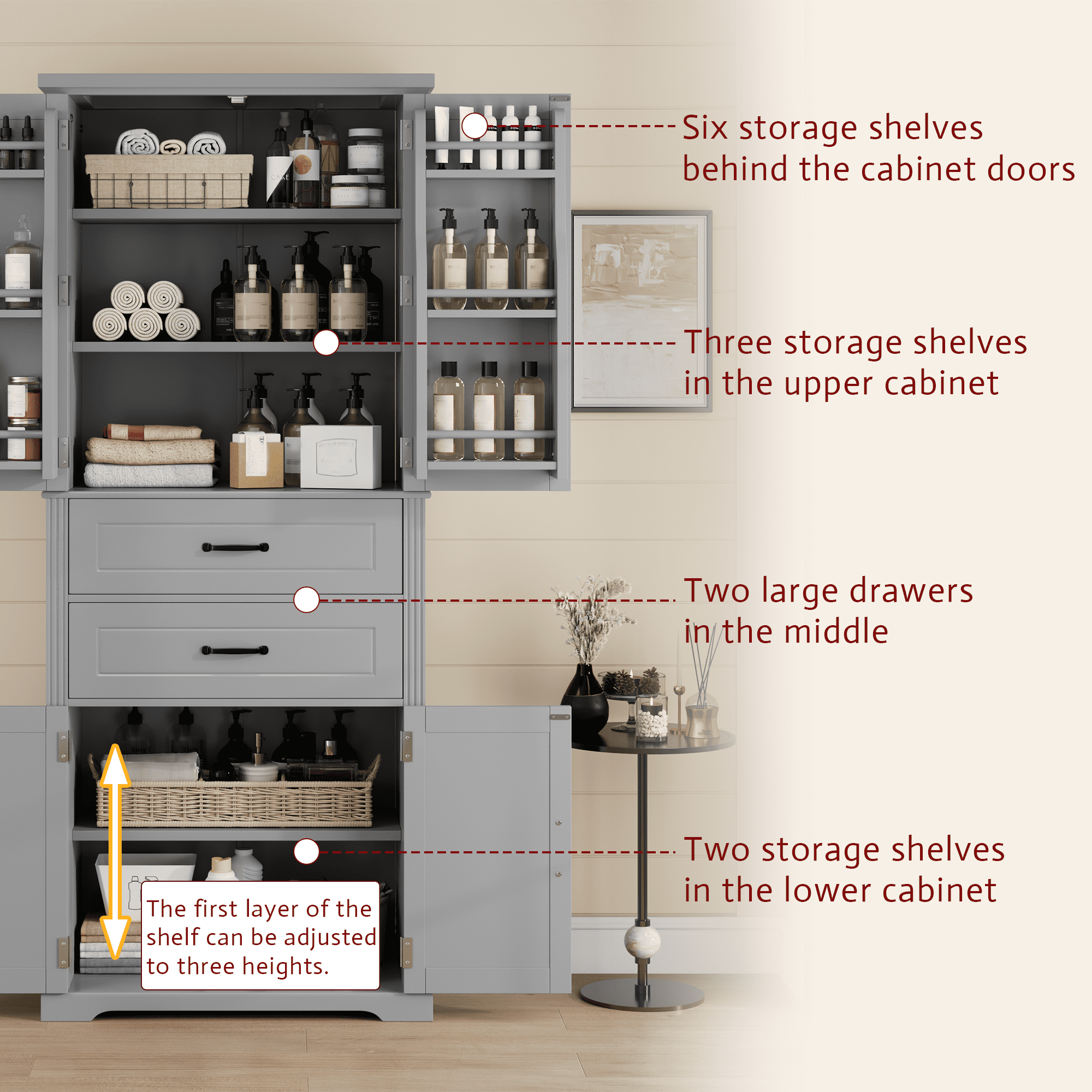 Mintazer 72.5" Freestanding Tall Bathroom Cabinet with 2 Drawers & Adjustable Shelves, Pantry Cabinet with Multi-Functional Storage Space for Bathroom Bedroom Laundry Room, Grey