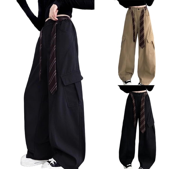 SGFCWSX Girls Cargo Pants Kids Wide Leg Baggy Casual Streetwear Trousers with Tie and Pockets Black Size 10-11 Years