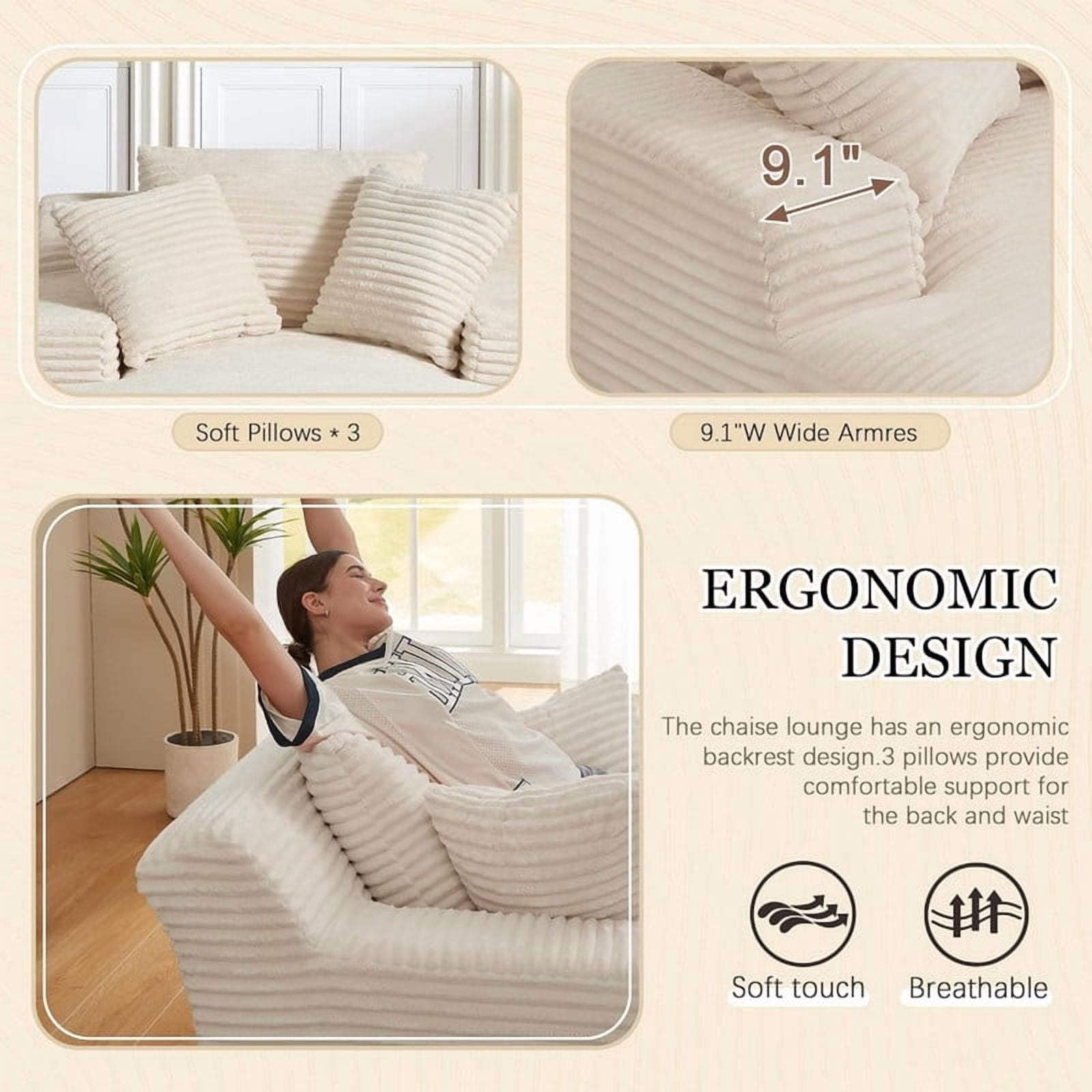 Oversized Chaise Lounge Chair Indoor, 78.7" Extra Deep Boneless Corduroy Lounge Couch Bed with 3 Pillows, Single Seat Reading Chairs for Living Room,Bedroom,Apartment