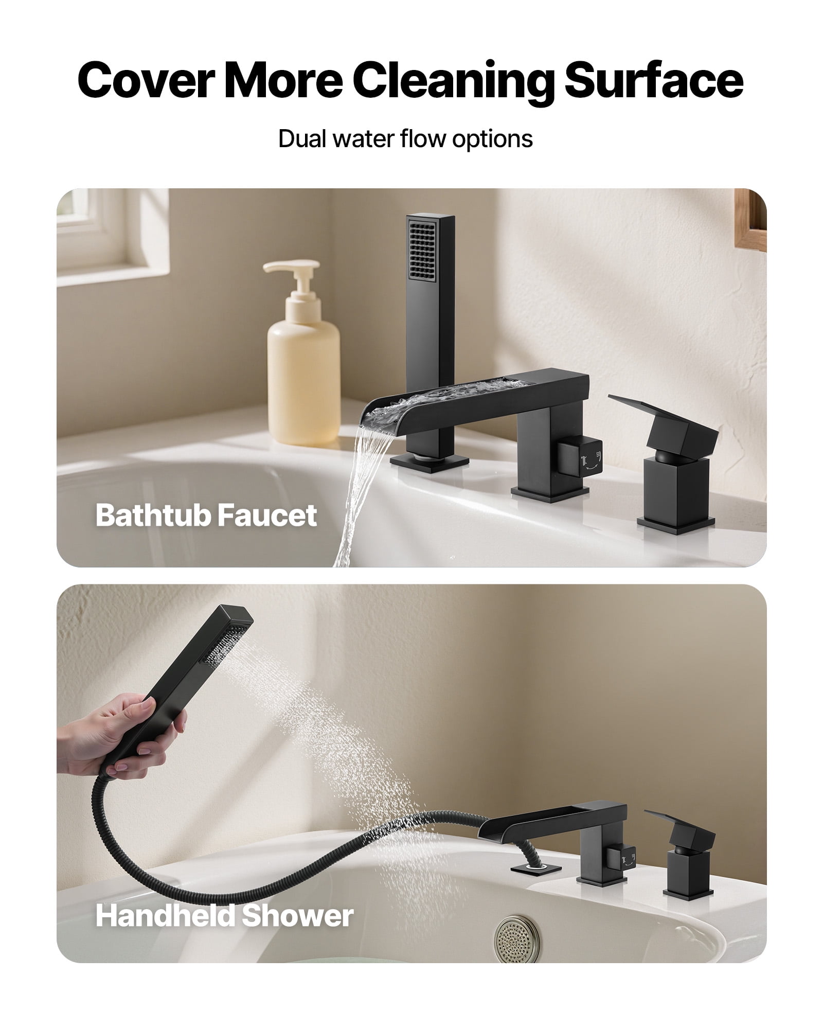 VEVOR Roman Tub Faucet, 3 Hole Waterfall Bathtub Faucet, Widespread Roman Tub Faucets with Shower Head & 1 Handle, Romans Bathtub Faucets for Pet Washing, Adult Bathing,Matte Black,Dual Water Flow