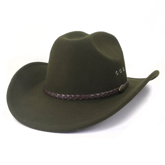 EOYWHK Cowboy Hat for Men Western Cowboy Wide Brim Hat with Braided Leather Band Felt Hat for Rodeo Party Costume Outdoor, Green