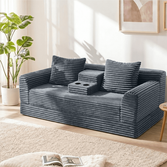 72 inches Soft Striped Corduroy Convertible Sofa Bed, Dark Gray Fold Out Lounge Couch with Cup Holders & Pillows, Dual-use Sofa Bed, Space-Saving Furniture for Apartment Living Room Guest Room