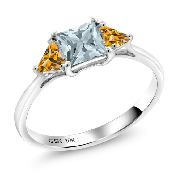 Gem Stone King 10K White Gold Sky Blue Aquamarine and Yellow Citrine 3 Stone Engagement Ring for Women (0.78 Cttw, Gemstone March Birthstone, Princess Center 5MM, Trillion 3.5MM, Size 8)
