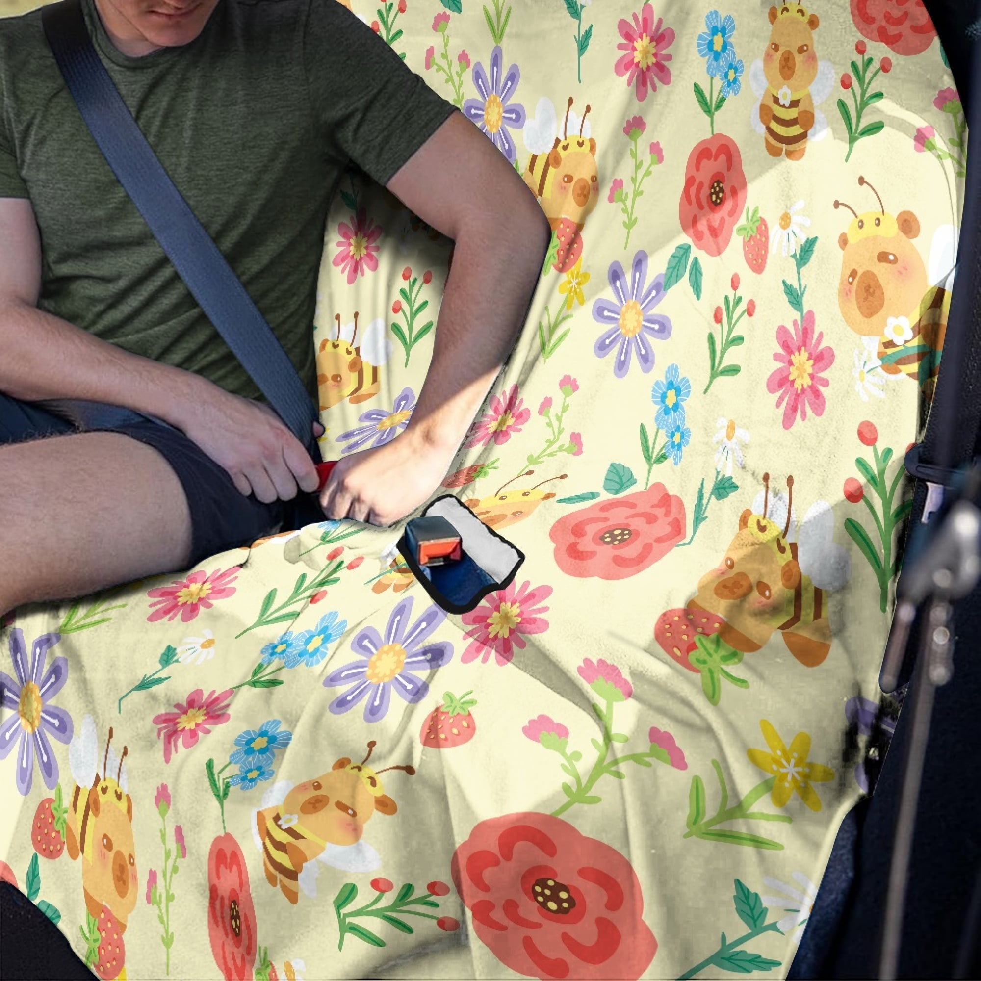 Drydeepin Bee Colorful Flowers Car Seat Cover Towel Backseat Breathable Rear Bench Towel Seat Covers Non-Slip Universal Fit for Sedan Trucks Van SUV, Automotive Seat Protector