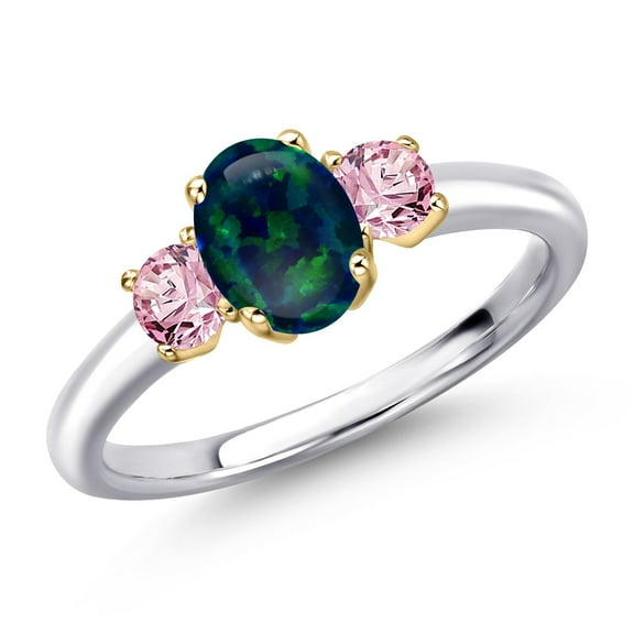 Gem Stone King 925 Silver and 10K Yellow Gold Simulated Green Opal and Pink Lab Grown Diamond Engagement Ring for Women | 0.99 Cttw | Oval Cabochon 7X5MM | Gemstone October Birthstone | Size 7