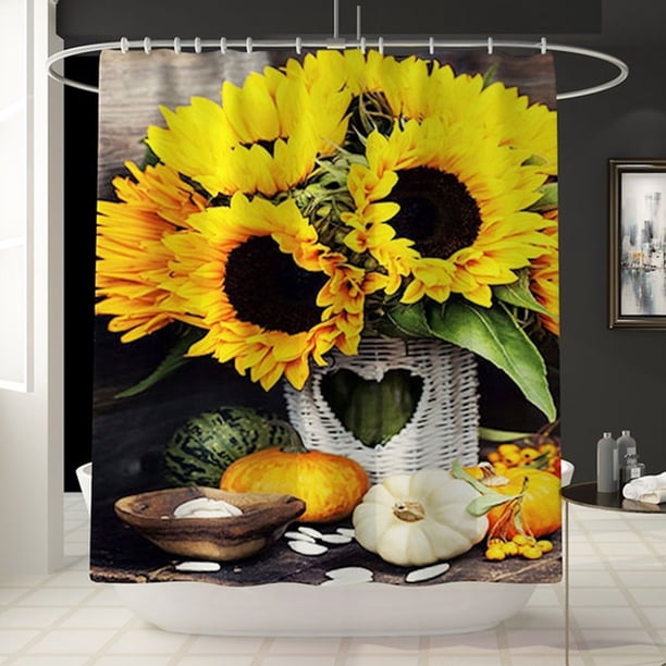 Black Hue Sunflower Shower Curtain Set With Non Slip Bathroom Mat With 