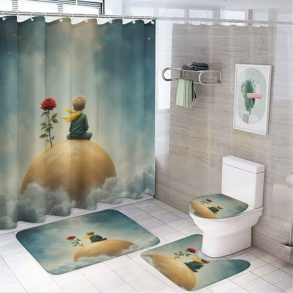 teenager with Rose on Planet Shower Curtain Set Modern Bathroom Decor Mats 4pcs Fabric Bathroom Curtain Slip Floor Rug Toilet Lid