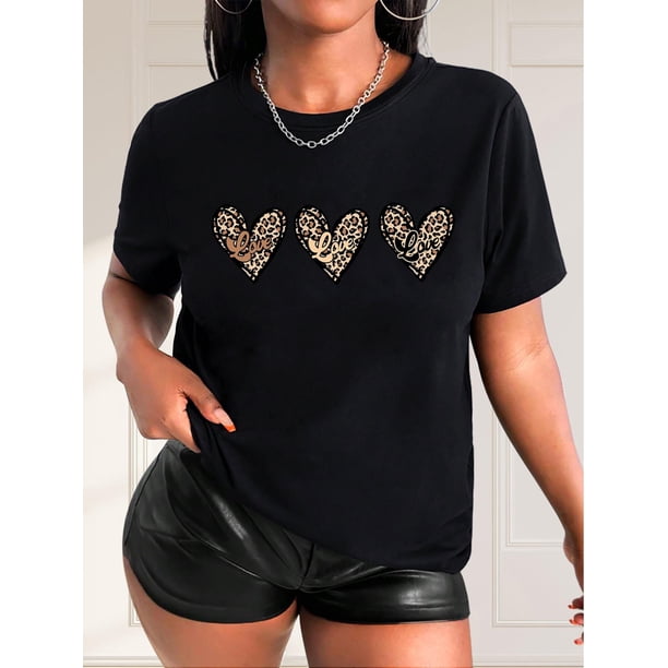 Women'S Casual Crew Neck T-Shirt with Leopard Print Heart Graphics, 100% Polyester Medium Stretch Fabric, Short Sleeve Tee for Spring/Summer/Fall - Black & Army Green Options