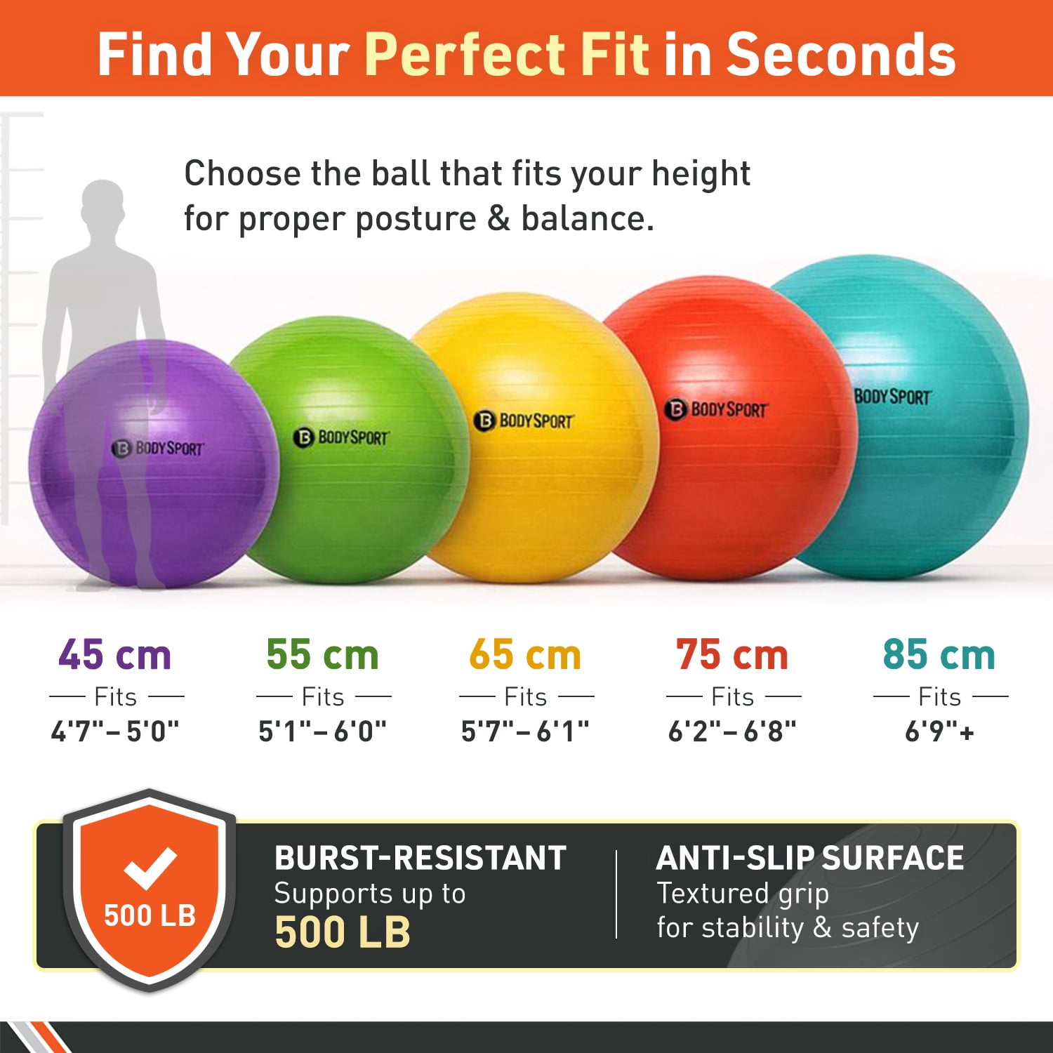 Body Sport Slow Release 65 cm. Exercise Ball with Pump for Home & Gym - Exercise Equipment for Yoga, Pilates, Stability, Pregnancy, and Core Training
