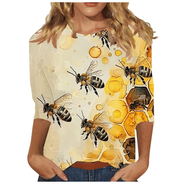 Tnhcen Chemises Décontractées d'Automne à Manches 3/4 Col Rond Imprimé Journée Mondiale des Abeilles pour Femmes - Hauts de Mode Grande Taille P-3TG