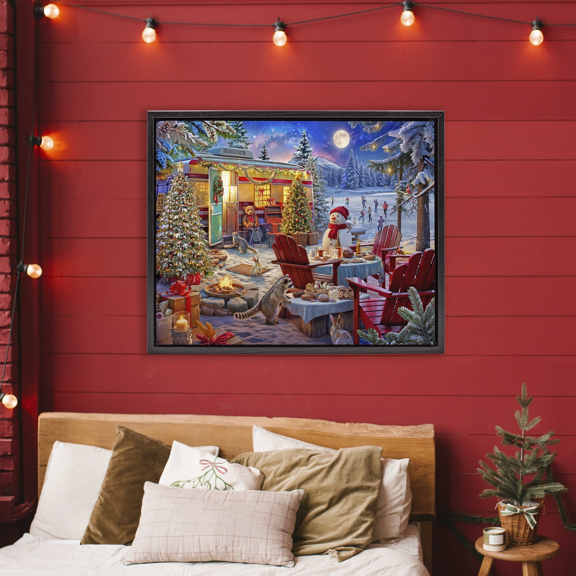 Winter Holiday Camper Party Black Framed Floater Canvas Wall Art, design by Henriette Chinaglia