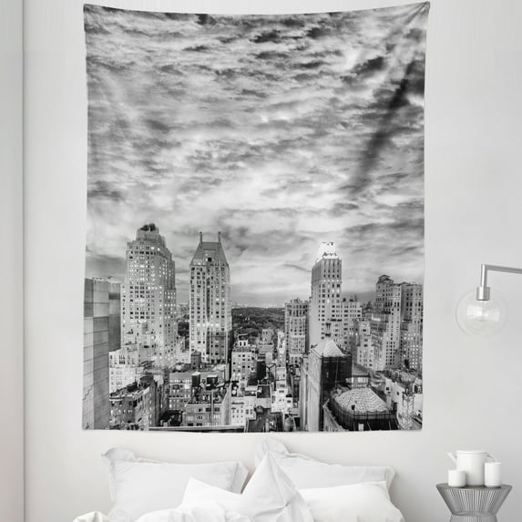 Landscape Tapestry, Skyline Rooftop View of New York in Cloudy Day Panoramic Bust Cityscape, Fabric Wall Hanging Decor for Bedroom Living Room Dorm, 5 Sizes, Black White, by Ambesonne