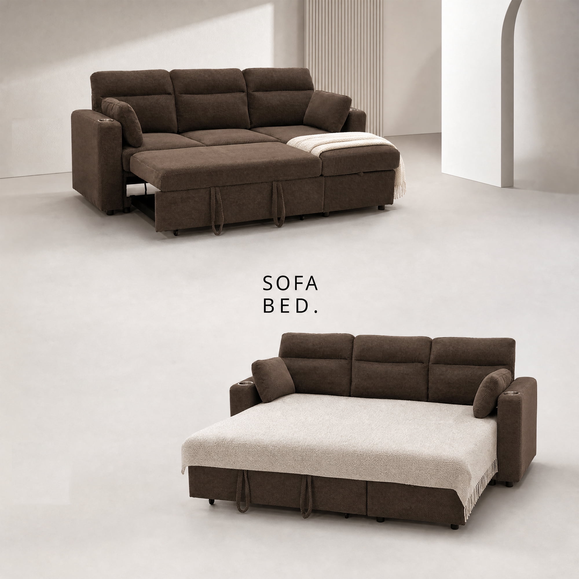 Leumius 82.5" Sectional Sofa with Pull-Out Bed,L-Shaped Sofa with Storage Chaise, Cup Holders and 2 Pillows,Coffee
