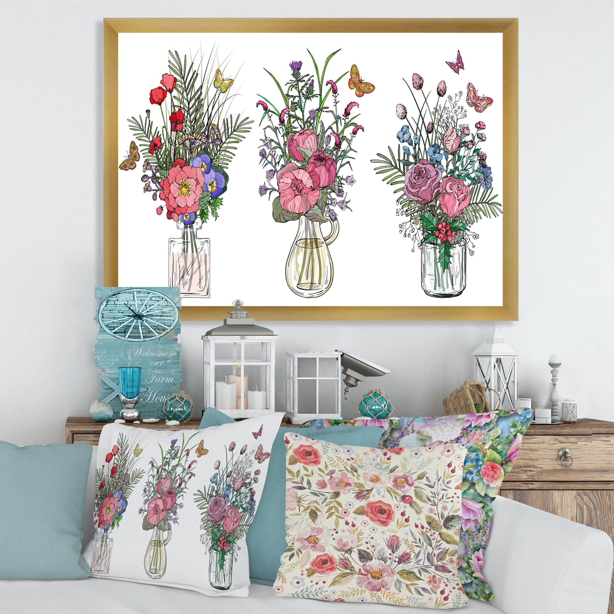 Designart 'Transparent Vases With Bouquets of Wildflowers II' Farmhouse Framed Art Print