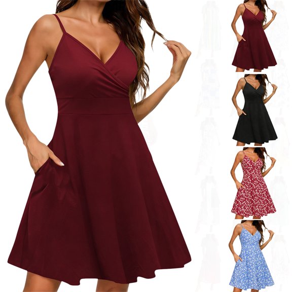 Women's Summer Dresses Ndbuld Women Summer Elegant Camisole V Neck High Waist Casual Elastic Waist Dress Wine XXL