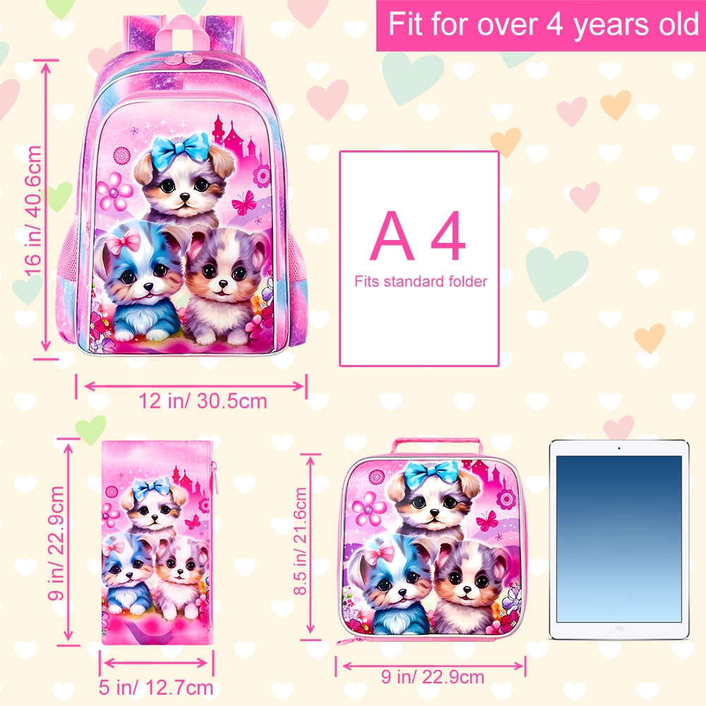 AGSDON 3PCS Backpacks for Girls, 16" Elementary Kids Cute Dog Backpack Preschool School Bookbags and Lunch Box