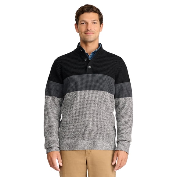 Suéter tipo mock con botones para hombre Izod, bloque de color negro, talla mediana