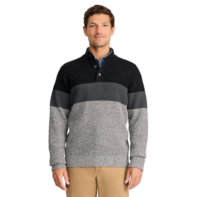 Suéter tipo mock con botones para hombre Izod, bloque de color negro, talla mediana