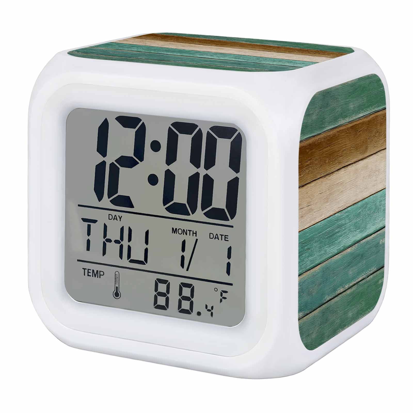 Alarm Clocks Green Wood Grain Digital Clock 7 Color LED Night Light Silent Non-Ticking Battery Operated Brown Farmhouse Wooden Cube Clocks Decorative for Bedroom Bedside Living Room Office School