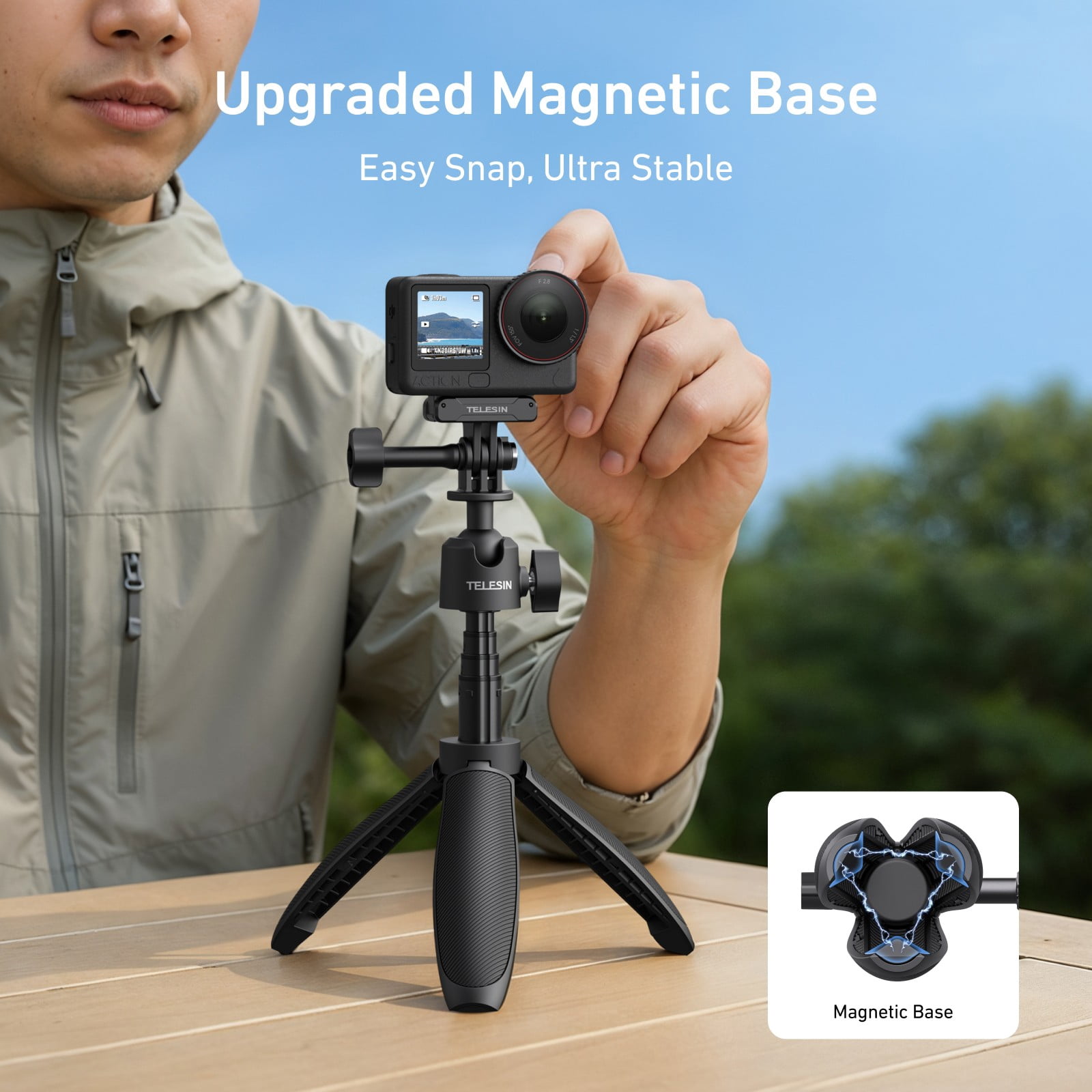 Mini Selfie Stick 3.0 is Compatible with Action Cameras, 2-in-1 Lightweight Selfie Stick & Tripod with 360° Ball Head for DJI Action, GoPro & Insta360