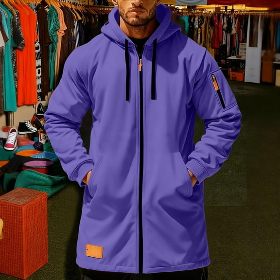 Plus Size Water Proof Jacket Men Long Hoodies Zip Jackets Long Sleeve Hooded Zip Pockets Loose Casual Outwear Coats Purple L
