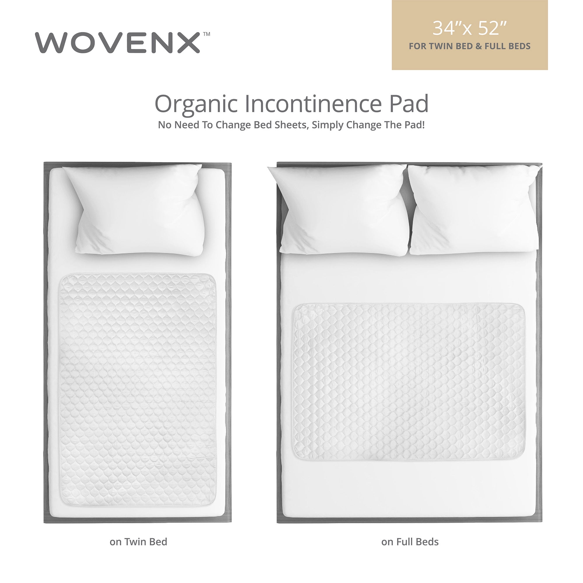 WOVENX Organic Incontinence Pads for Adults & Kids - 5 Layer Waterproof Protectors for Overnight Bed Wetting - Reusable & Washable Pee Pads - Fits Twin to Full Size Beds - 34" x 52" White