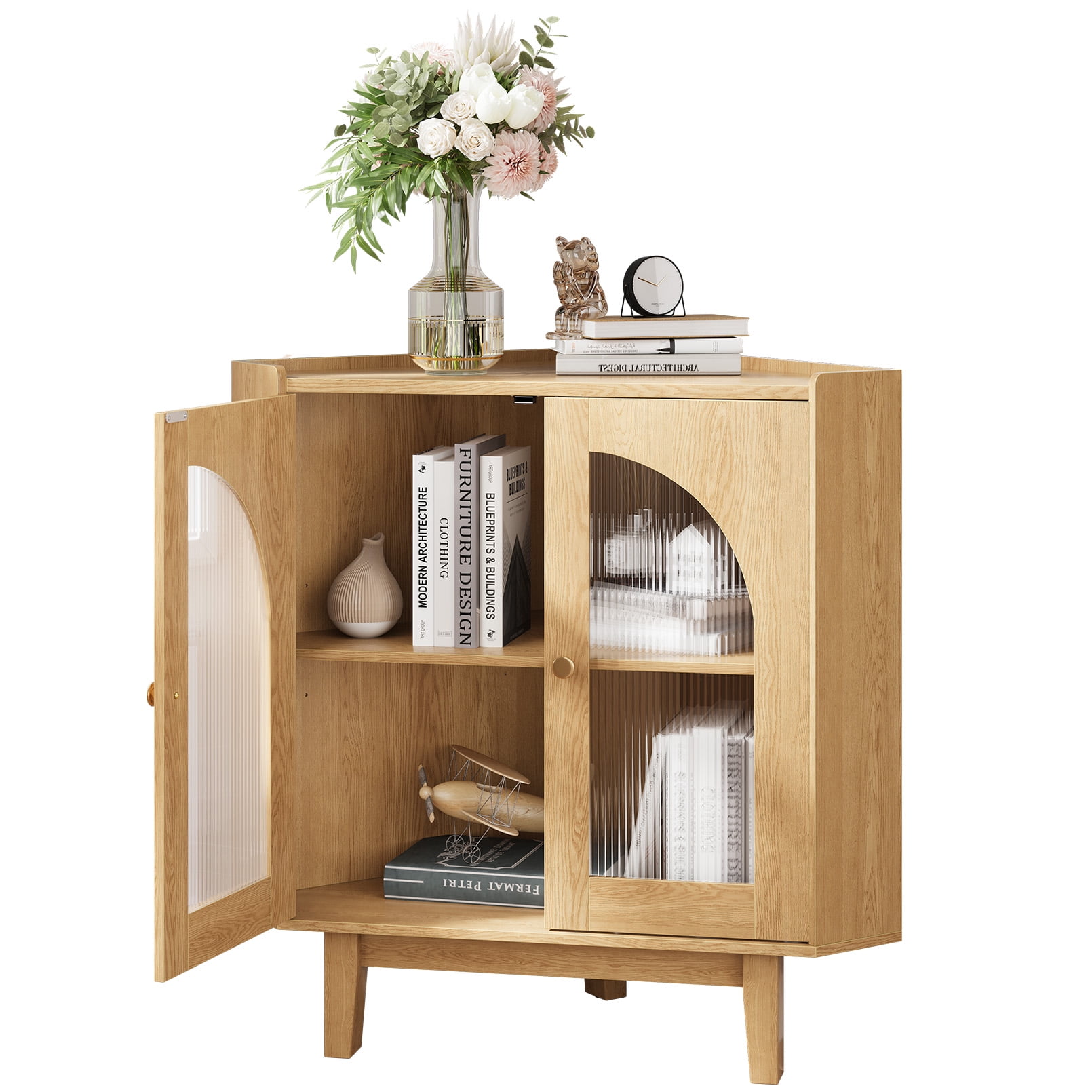 Vividwood Floor Corner Cabinet with Doors and Shelves, Fluted Storage Cabinet Freestanding Corner Cabinet for Bathroom, Kitchen, Living Room, Wood