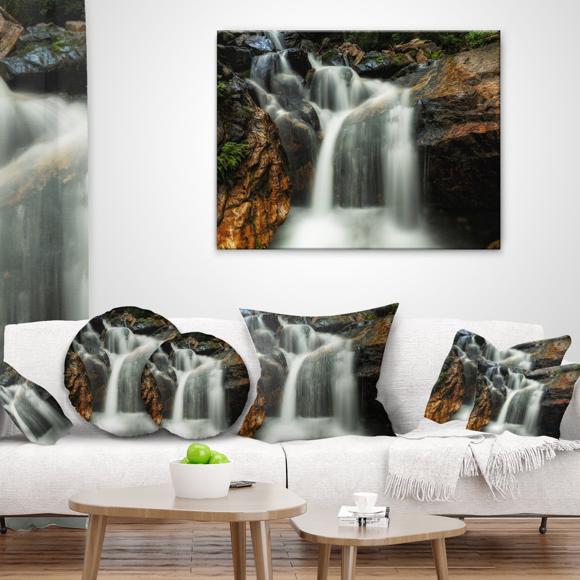 Designart Slow Motion Waterfall on Rocks - Landscape Printed Throw Pillow - 16x16